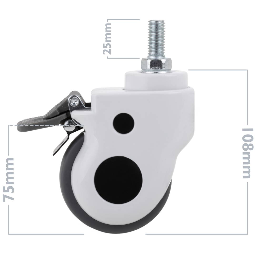 Rodes pivotants de metall, TPR i ABS per a llit mèdic, fre unidireccional i subjecció tipus rosca, 75x32x108mm 2-pack