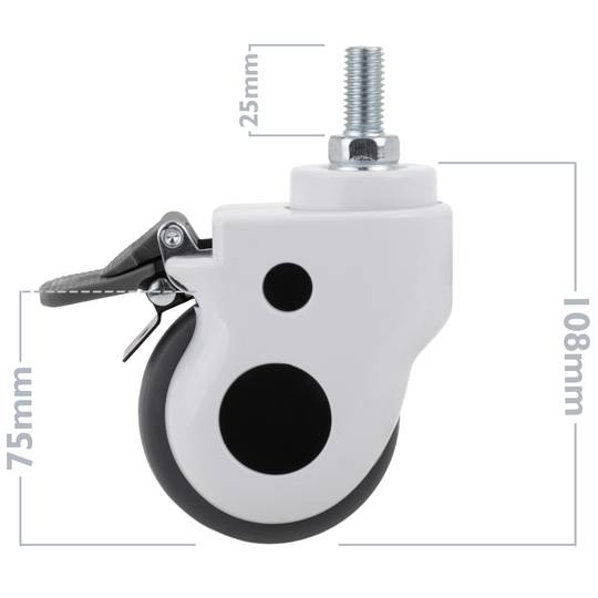 Rodes pivotants de metall, TPR i ABS per a llit mèdic, fre unidireccional i subjecció tipus rosca, 75x32x108mm 2-pack