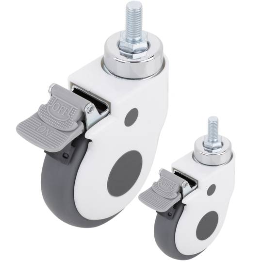 Ruote girevoli in metallo, TPR e ABS per lettino medico, freno unidirezionale e fissaggio a filettatura, 100x26x138mm 2-pack