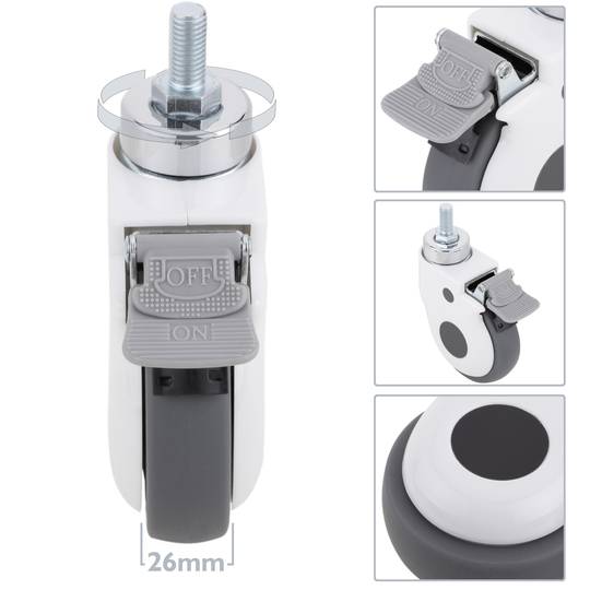 Ruote girevoli in metallo, TPR e ABS per lettino medico, freno unidirezionale e fissaggio a filettatura, 100x26x138mm 2-pack