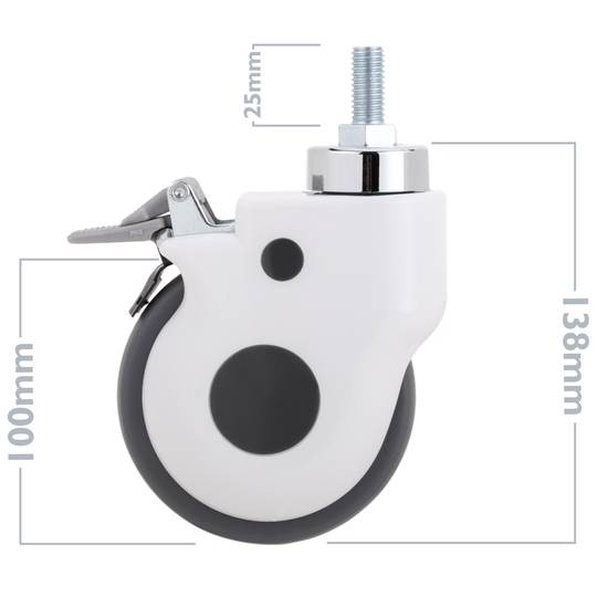Ruote girevoli in metallo, TPR e ABS per lettino medico, freno unidirezionale e fissaggio a filettatura, 100x26x138mm 2-pack