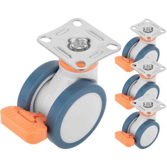 Rodes pivotants dobles de PU i ABS per a llit mèdic, fre unidireccional i subjecció tipus placa, 75x56x98mm 4-pack