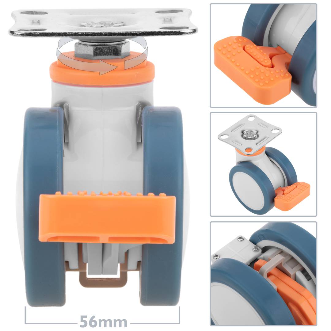 Rodes pivotants dobles de PU i ABS per a llit mèdic, fre unidireccional i subjecció tipus placa, 75x56x98mm 4-pack