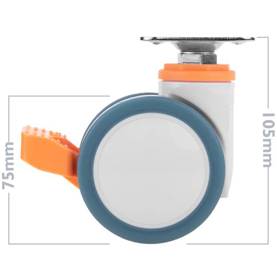 Rodes pivotants dobles de PU i ABS per a llit mèdic, fre unidireccional i subjecció tipus placa, 75x56x98mm 4-pack