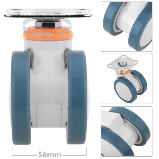 Rodízios giratórios duplos PU&ABS para cama médica, fixação tipo placa, 4 unidades de 75x56x98mm