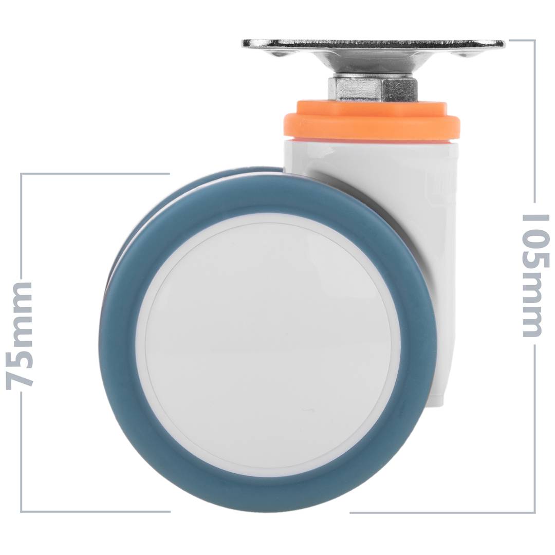 Rodízios giratórios duplos PU&ABS para cama médica, fixação tipo placa, 4 unidades de 75x56x98mm