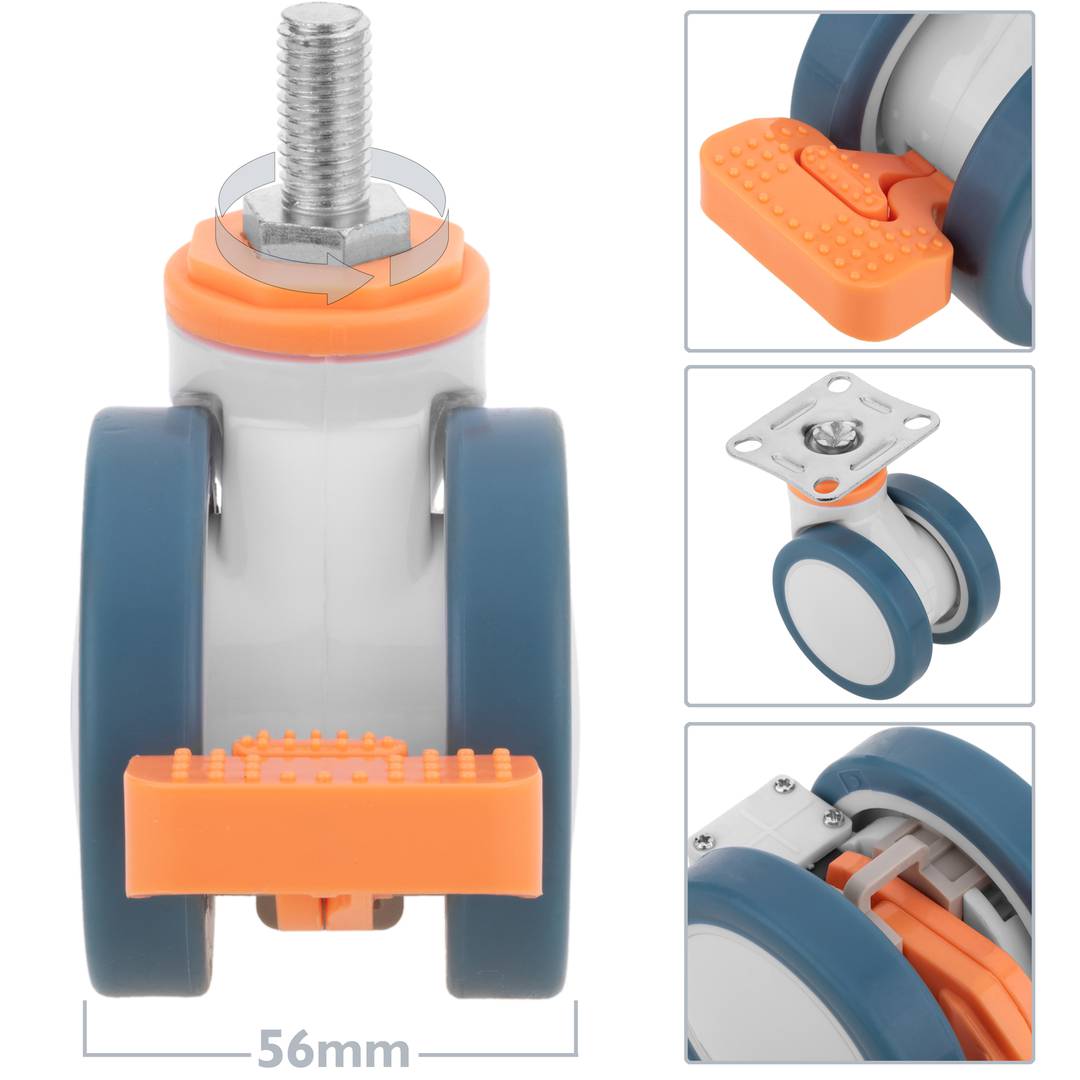 PU ABS Lenkrollen für medizinisches Bett, Einweg Bremse und Gewindebefestigung, 75 x 56 x 98 mm, 4er-Pack