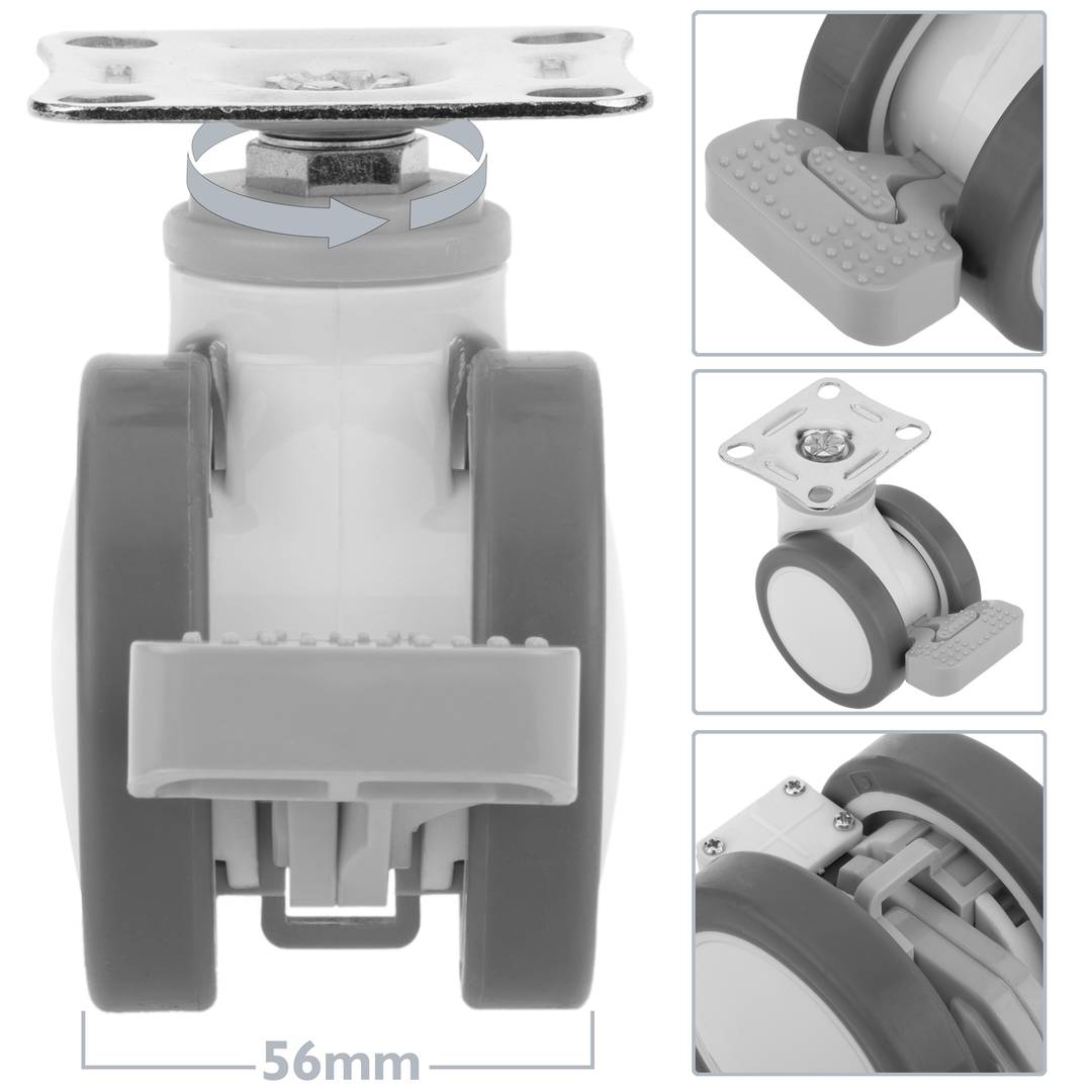 PU&ABS zwenkwielen voor medisch bed, eenrichtingsrem en plaatklem, 75x56x98mm 4-pack