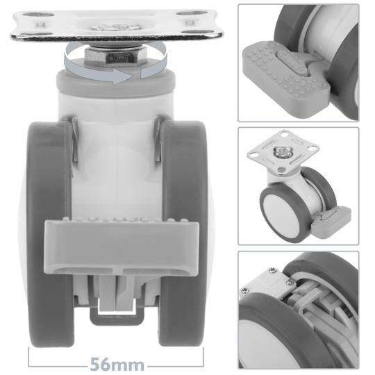PU&ABS zwenkwielen voor medisch bed, eenrichtingsrem en plaatklem, 75x56x98mm 4-pack