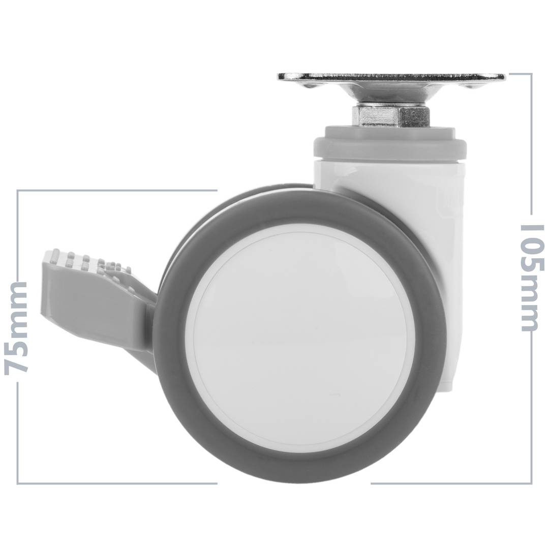 PU&ABS zwenkwielen voor medisch bed, eenrichtingsrem en plaatklem, 75x56x98mm 4-pack