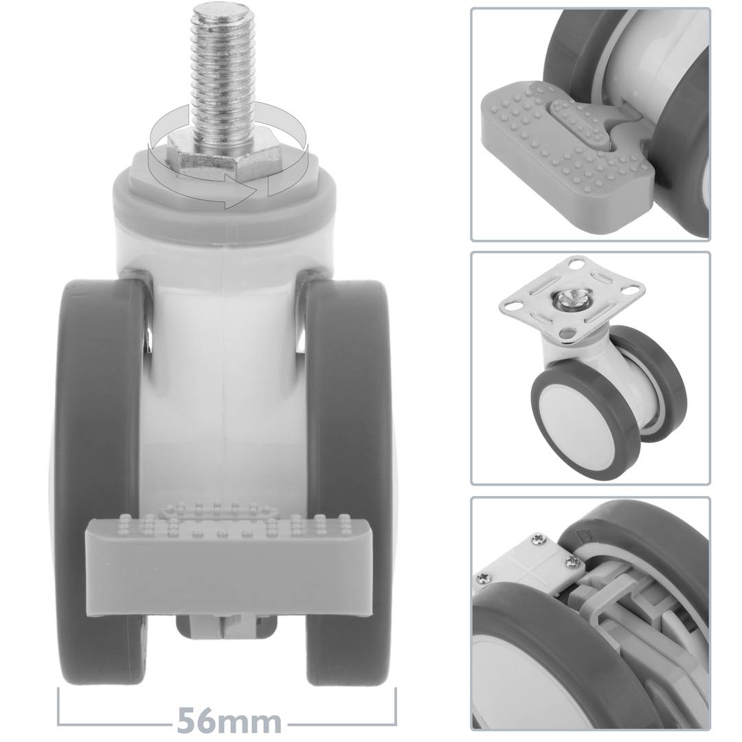 PU&ABS zwenkwielen voor medisch bed, eenrichtingsrem en schroefbevestiging, 75x56x98mm 4-pack