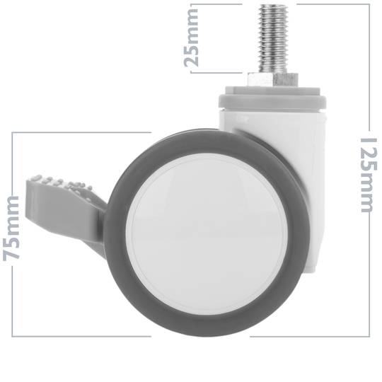 PU&ABS zwenkwielen voor medisch bed, eenrichtingsrem en schroefbevestiging, 75x56x98mm 4-pack