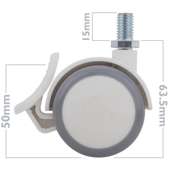 Ruote piroettanti in PU e ABS, freno unidirezionale e fissaggio con filettatura M10x15, grigie e bianche, 50x44,3x63,5mm, pacco