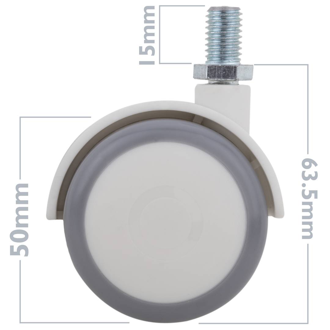 Ruote piroettanti in PU e ABS, fissaggio con filettatura M10x15, grigie e bianche, 50x44,3x63,5mm, pacco