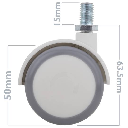 Ruote piroettanti in PU e ABS, fissaggio con filettatura M10x15, grigie e bianche, 50x44,3x63,5mm, pacco