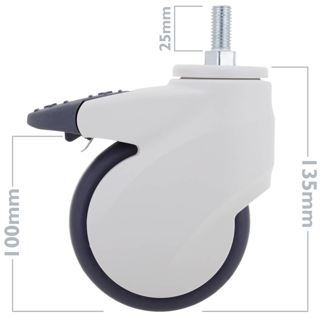 PU&ABS zwenkwielen voor medisch bed, eenrichtingsrem en schroefbevestiging, 100x23x133mm 2-pack