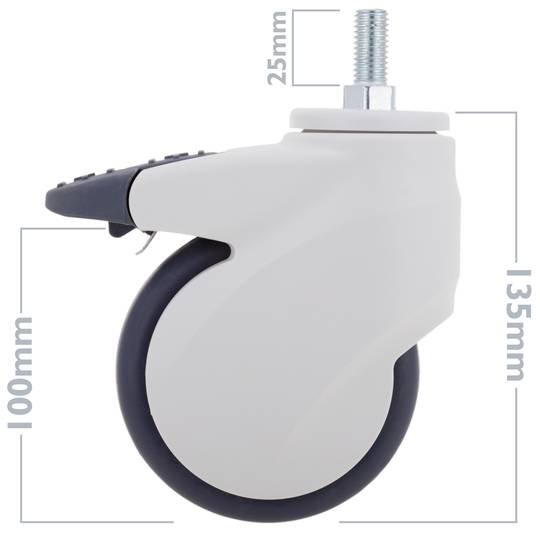 PU&ABS zwenkwielen voor medisch bed, eenrichtingsrem en schroefbevestiging, 100x23x133mm 2-pack