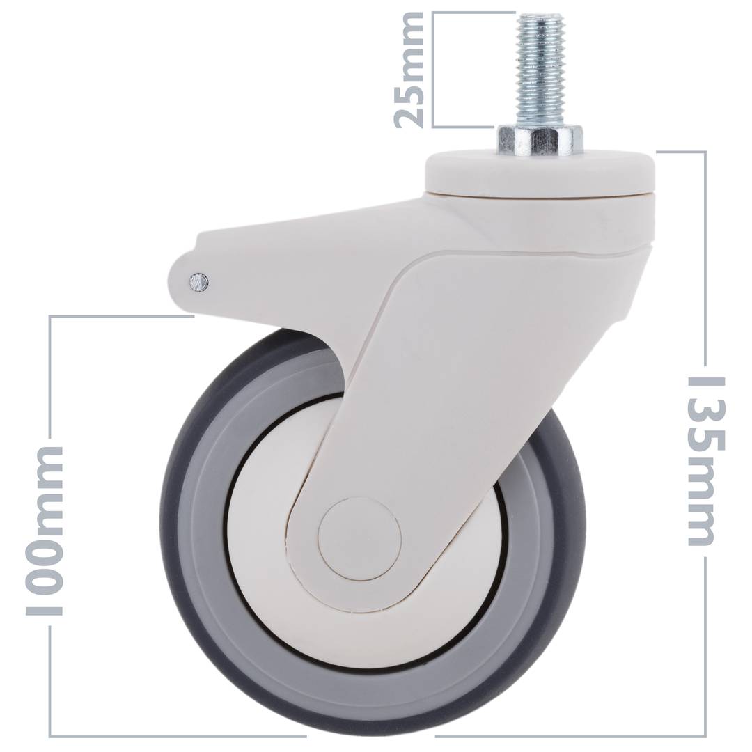 Rodes pivotants de PU i ABS per a llit mèdic, subjecció tipus rosca, 100x32x135mm 2-pack