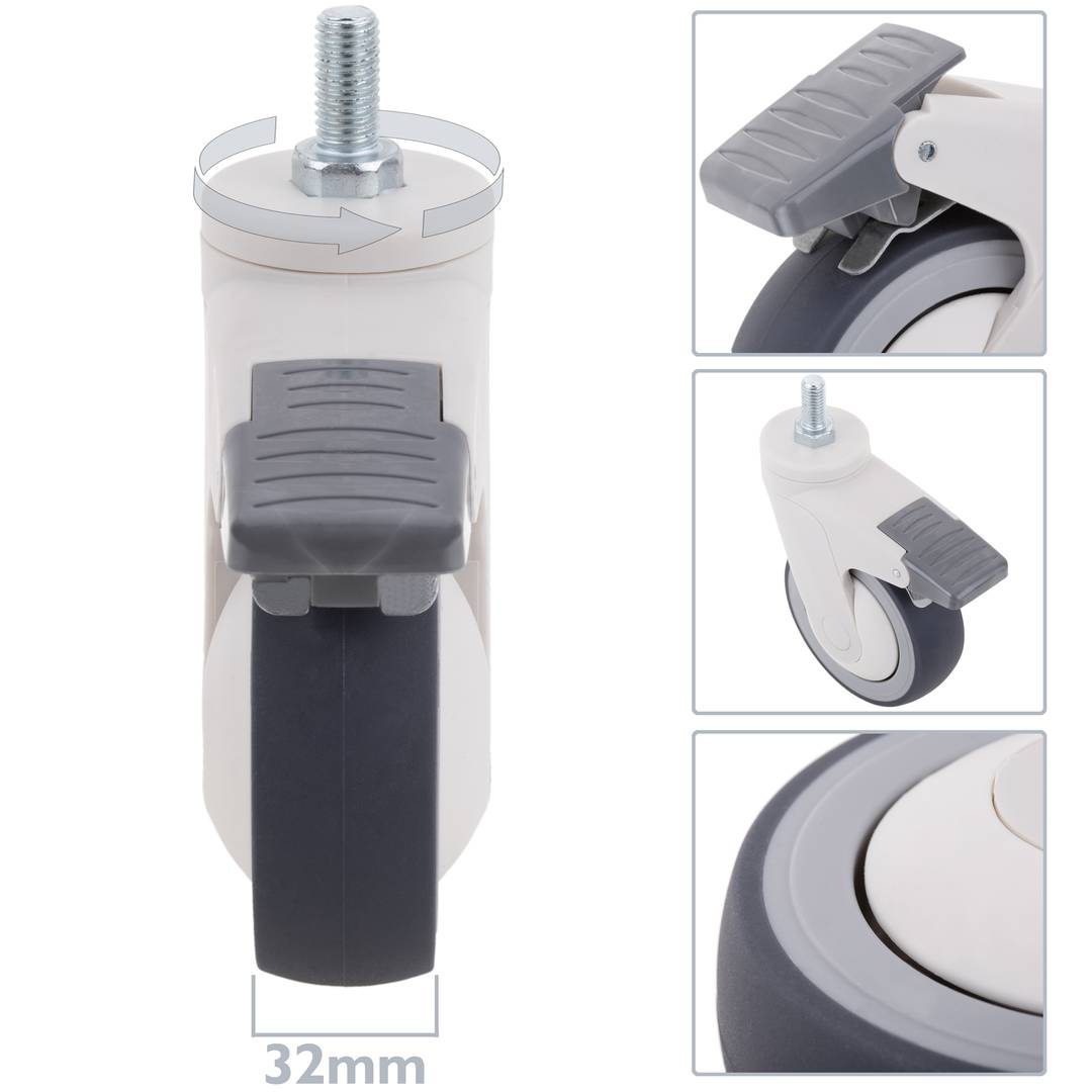 PU ABS Lenkrollen für medizinisches Bett, Einweg Bremse und Gewindebefestigung, 100x32x135mm, 2er-Pack