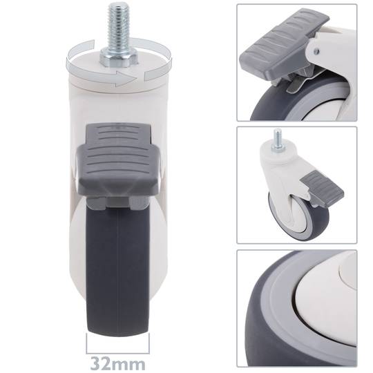 PU ABS Lenkrollen für medizinisches Bett, Einweg Bremse und Gewindebefestigung, 100x32x135mm, 2er-Pack