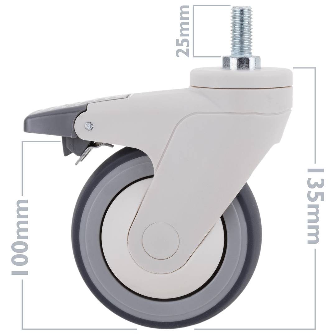 PU ABS Lenkrollen für medizinisches Bett, Einweg Bremse und Gewindebefestigung, 100x32x135mm, 2er-Pack