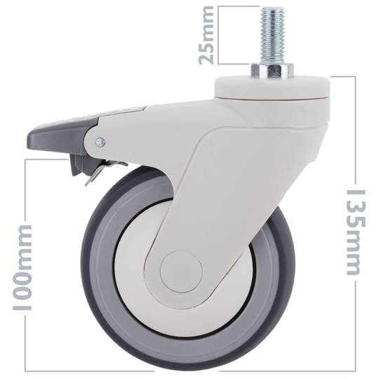 PU ABS Lenkrollen für medizinisches Bett, Einweg Bremse und Gewindebefestigung, 100x32x135mm, 2er-Pack