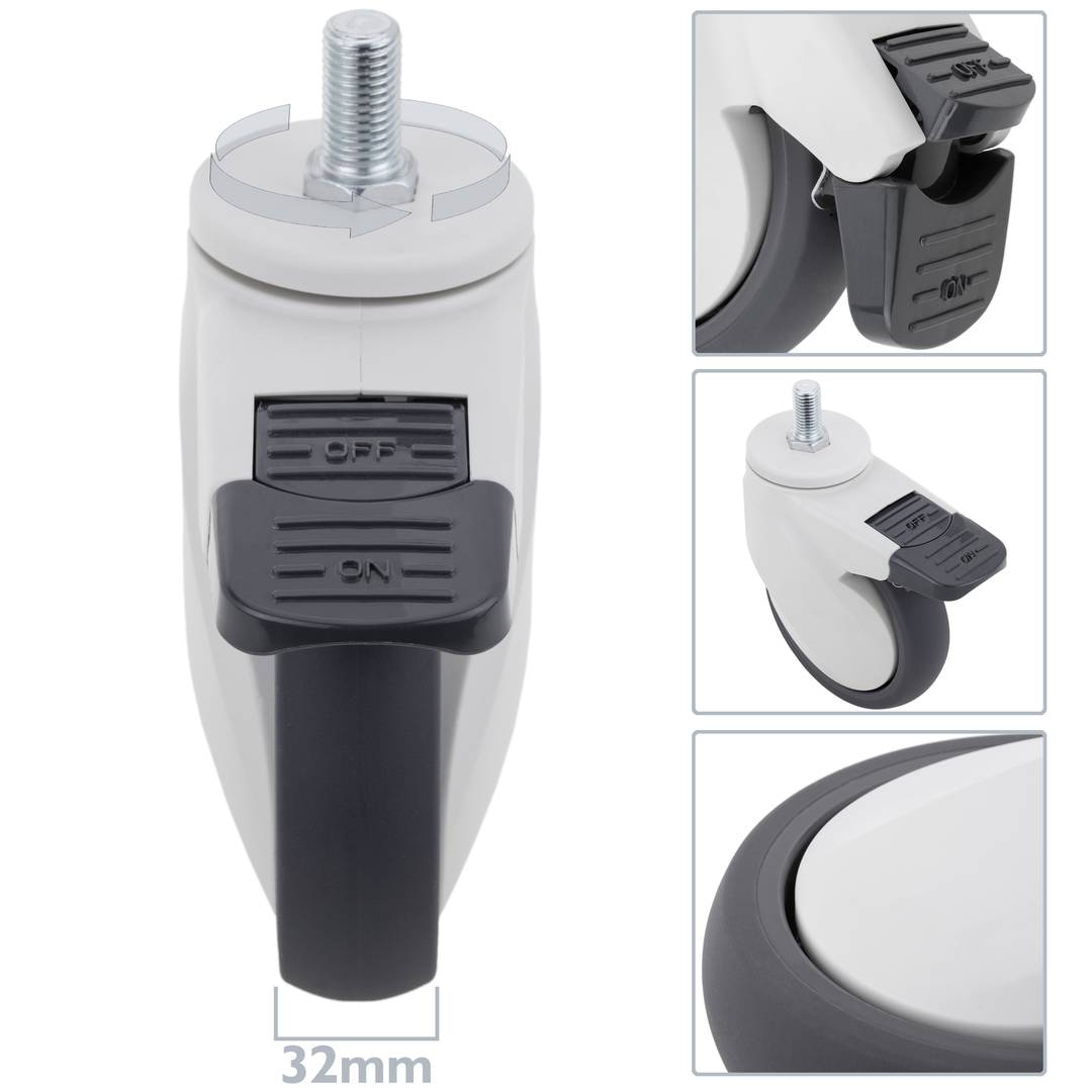 Roulettes pivotantes PU&ABS pour lit médicalisé, frein unidirectionnel et fixation à filetage, 125x32x158mm 2-pack