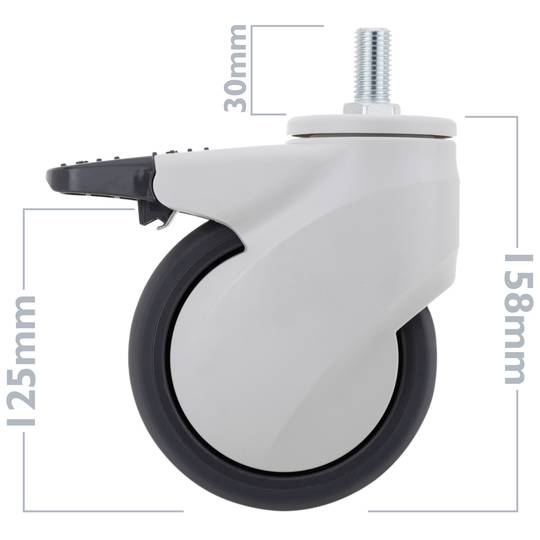 Roulettes pivotantes PU&ABS pour lit médicalisé, frein unidirectionnel et fixation à filetage, 125x32x158mm 2-pack