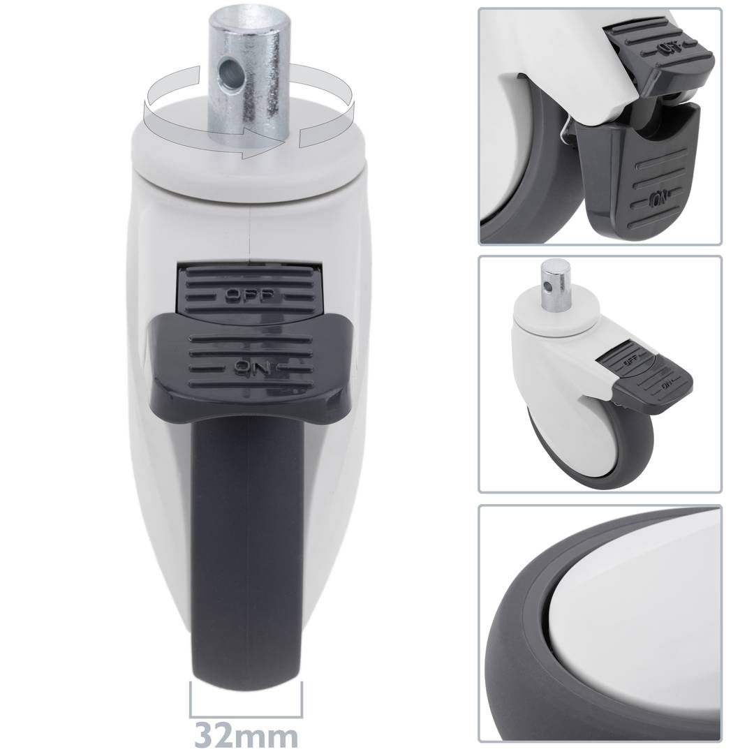 Rodes pivotants per a llit mèdic, fre unidireccional i subjecció tipus planç buit, 125x32x165mm 2-pack