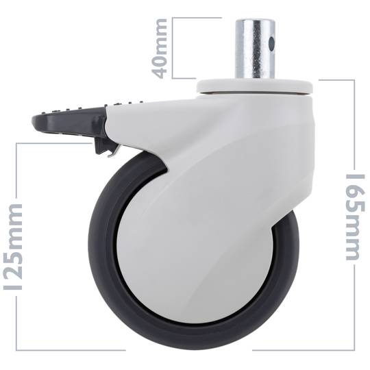 Rodes pivotants per a llit mèdic, fre unidireccional i subjecció tipus planç buit, 125x32x165mm 2-pack