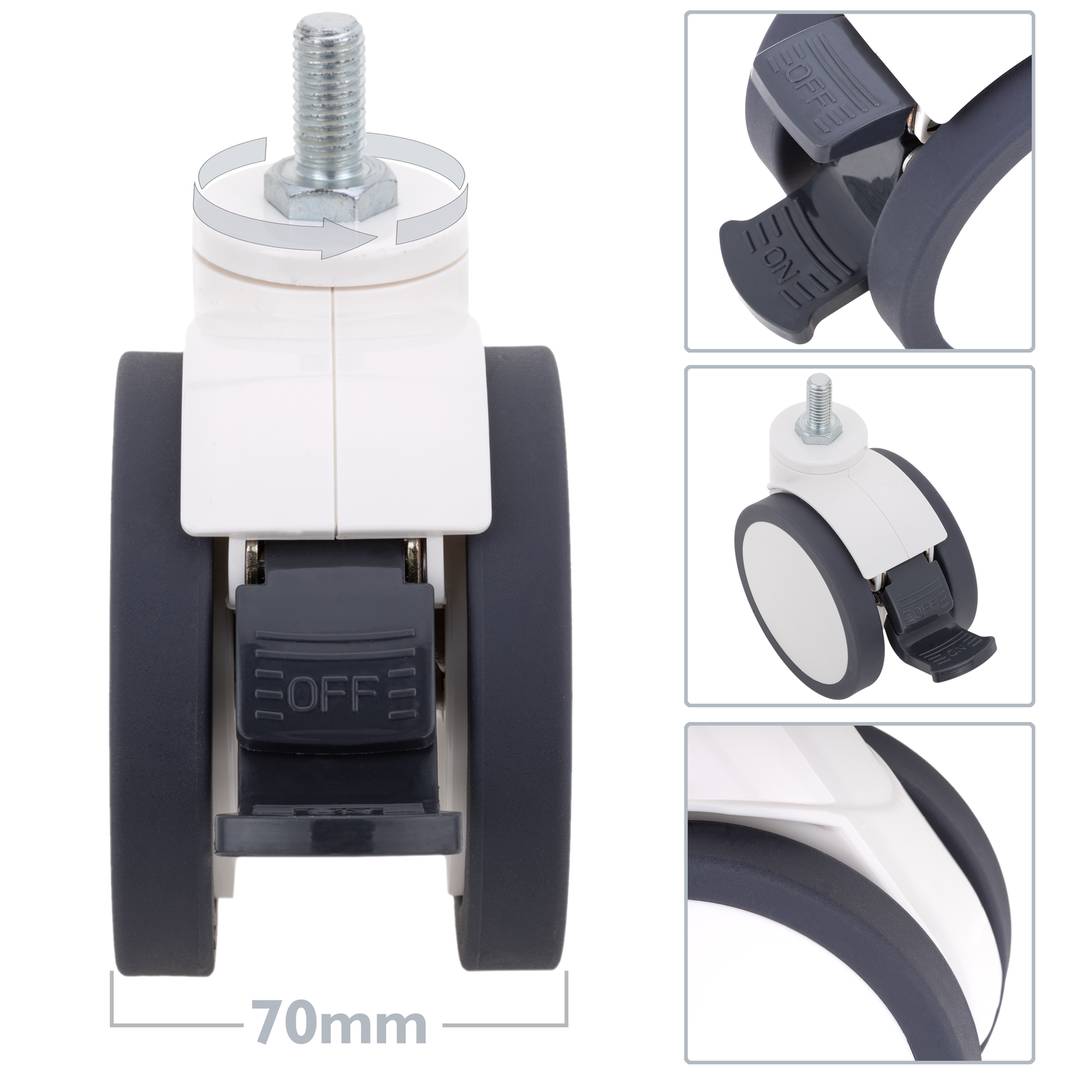 Rodes pivotants dobles de PU i ABS per a llit mèdic, fre unidireccional i subjecció tipus rosca, 100x70x118mm 2-pack
