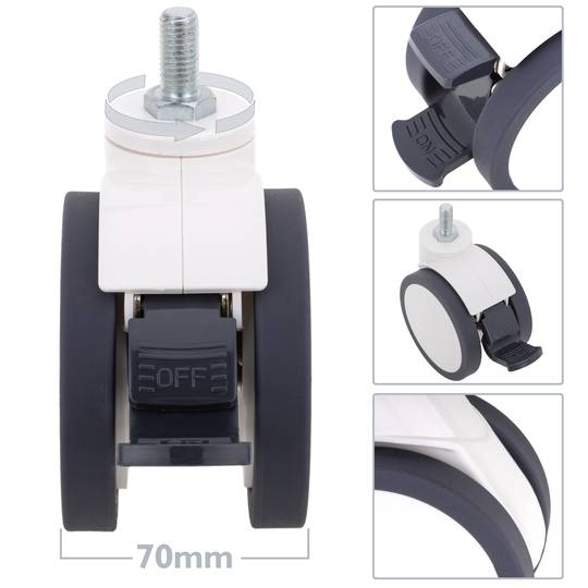 Rodes pivotants dobles de PU i ABS per a llit mèdic, fre unidireccional i subjecció tipus rosca, 100x70x118mm 2-pack