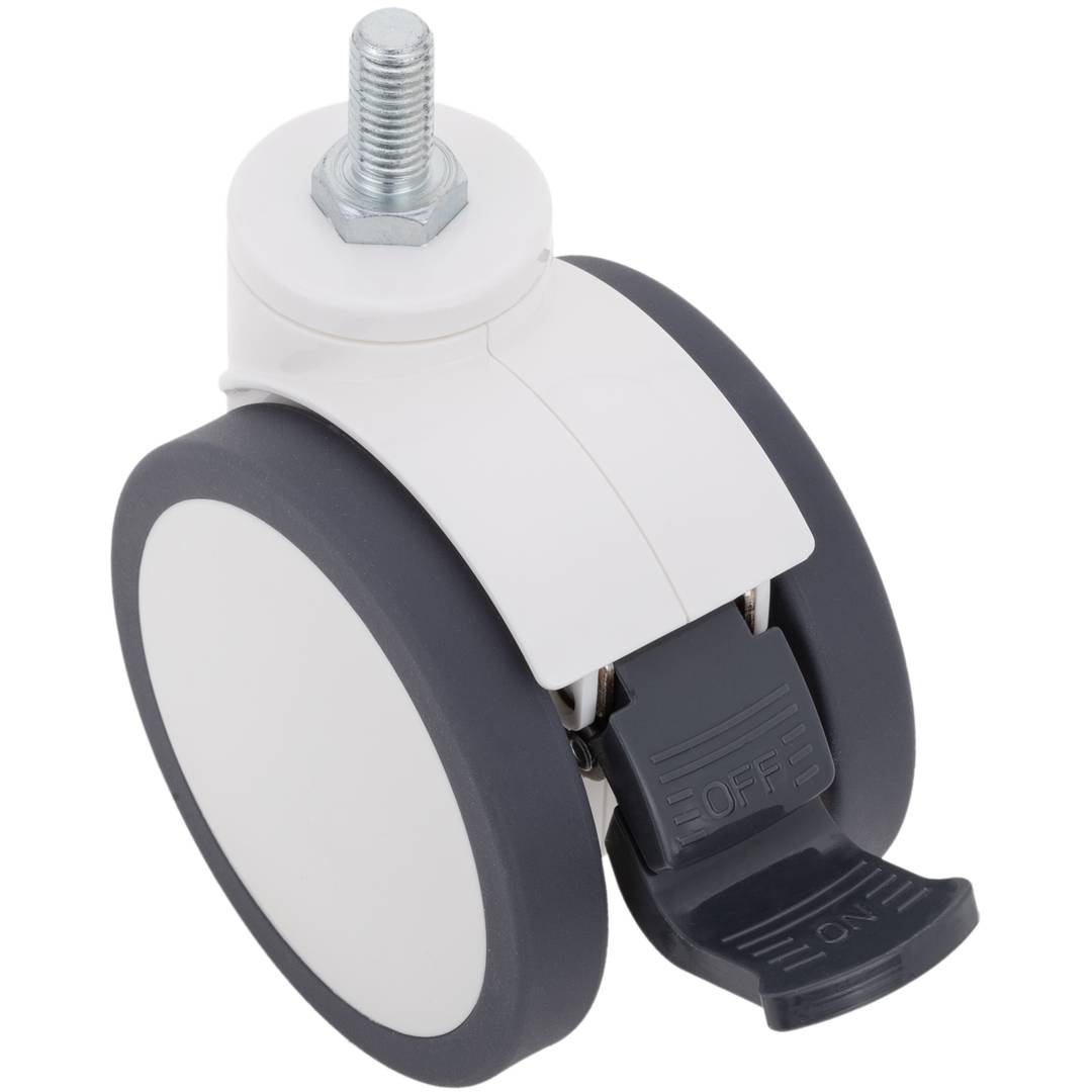 Rodes pivotants dobles de PU i ABS per a llit mèdic, fre unidireccional i subjecció tipus rosca, 100x70x118mm 2-pack