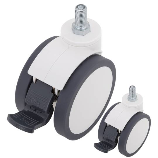 Rodes pivotants dobles de PU i ABS per a llit mèdic, fre unidireccional i subjecció tipus rosca, 125x78x145mm 2-pack