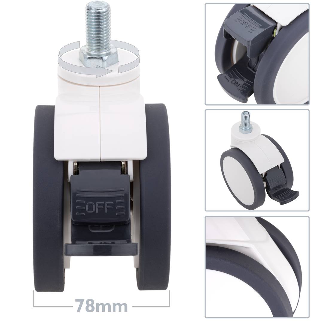 Rodes pivotants dobles de PU i ABS per a llit mèdic, fre unidireccional i subjecció tipus rosca, 125x78x145mm 2-pack