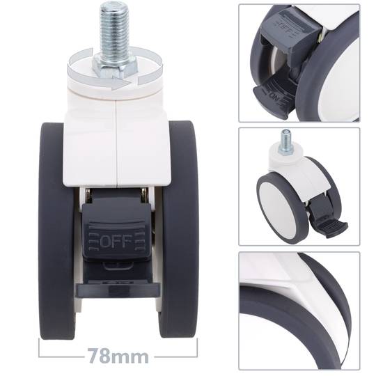 Rodes pivotants dobles de PU i ABS per a llit mèdic, fre unidireccional i subjecció tipus rosca, 125x78x145mm 2-pack