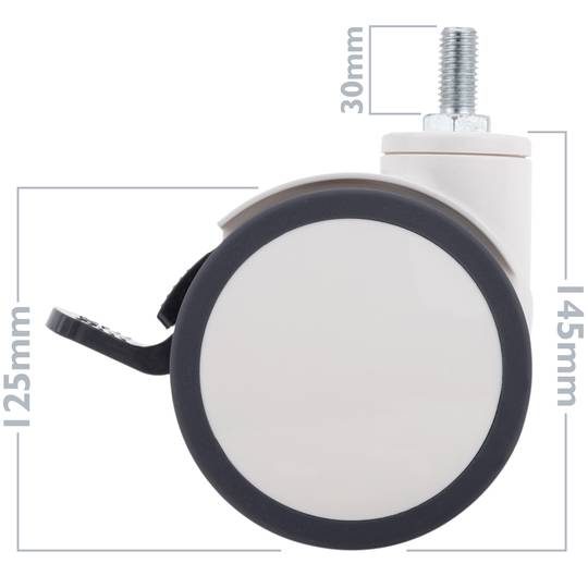 Rodes pivotants dobles de PU i ABS per a llit mèdic, fre unidireccional i subjecció tipus rosca, 125x78x145mm 2-pack