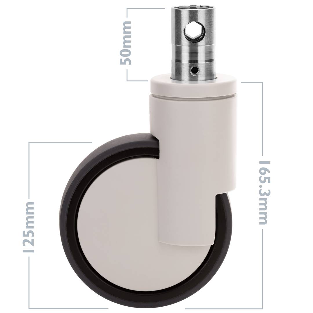 Medizinisches Bett mit 2 Funktionen, Lenkrolle mit zentraler Steuerung, Hohlstangenklemmung, Typ 32 x 50 mm, 125 x 33 x 165,3 mm