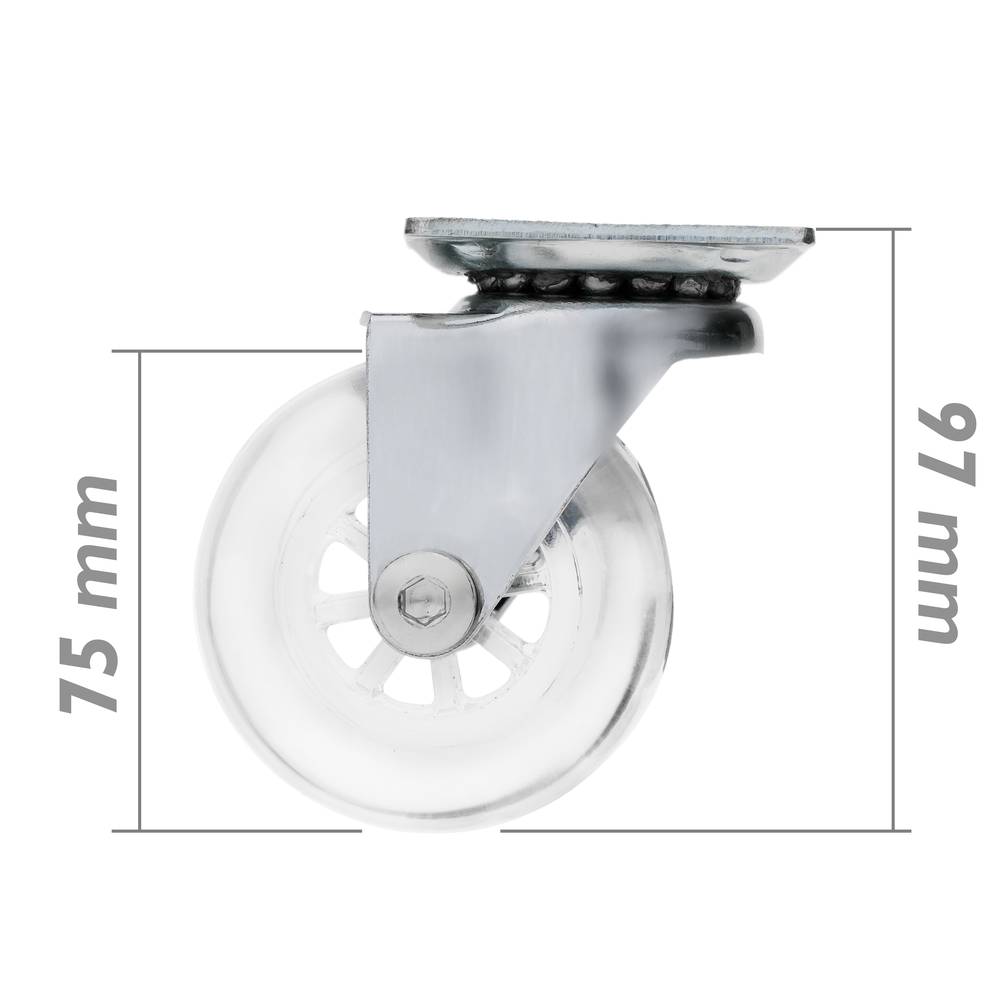 Roda pivotant industrial de poliuretà i PVC transparent sense fre 75 mm