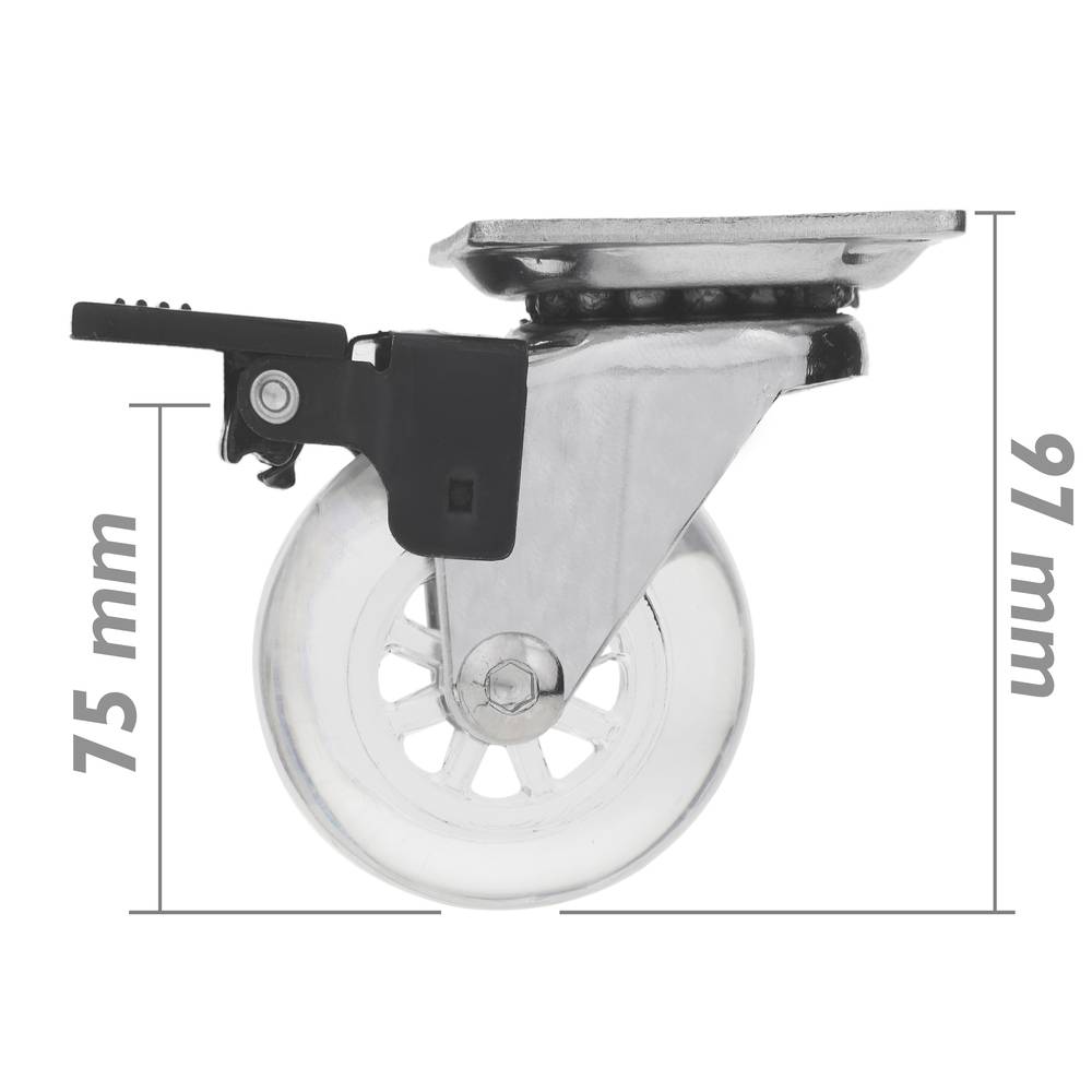 Roue pivotante industrielle en polyuréthane et PVC transparent avec frein 75 mm