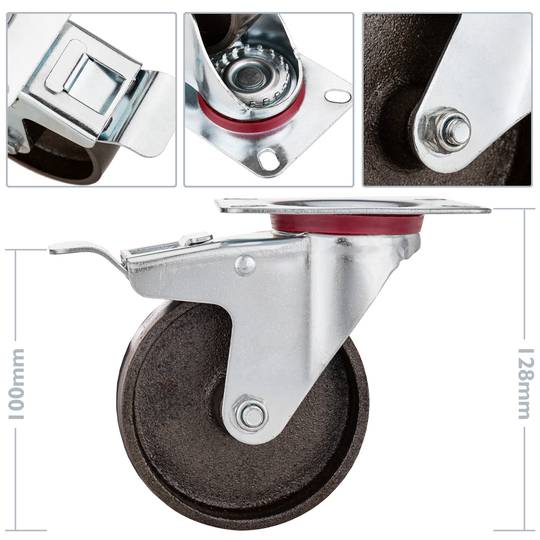 Industrieel metalen zwenkwiel met rem 100 mm