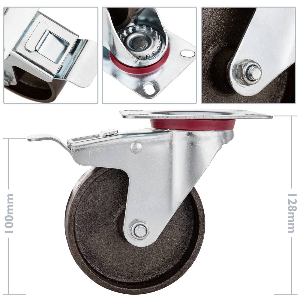 Industriële zwenkwielen metaal met rem 100 mm 2 stuks