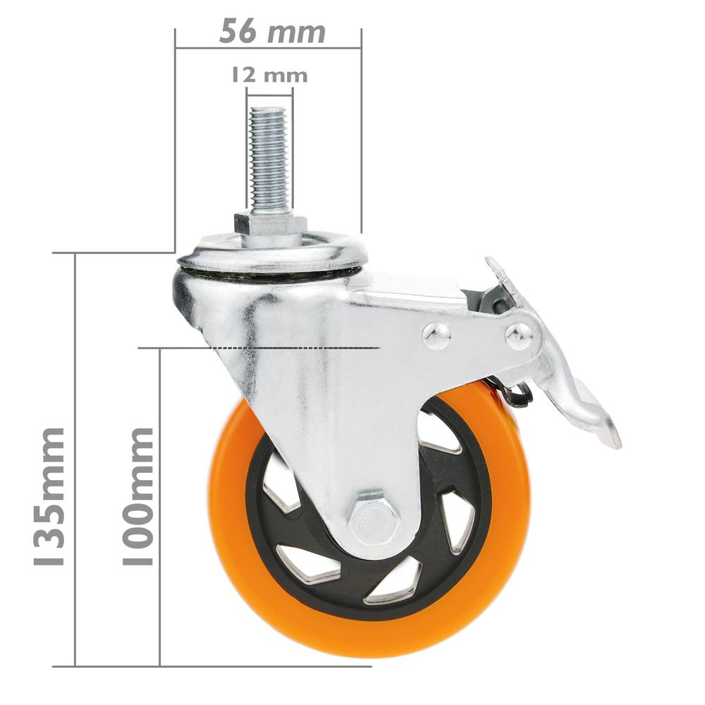Roda pivotant industrial de poliuretà amb fre 100 mm M12
