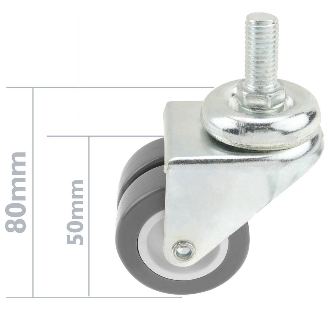 Roda dupla pivotante industrial rodízio de PU e PVC cinzento sem freio 50 mm M12
