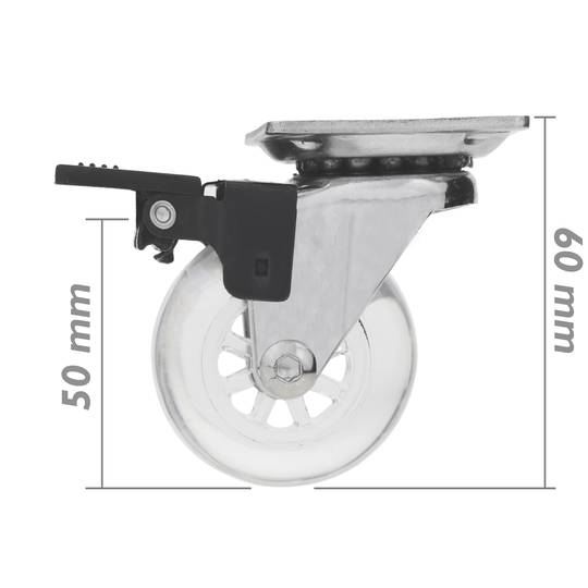 Rueda pivotante industrial de poliuretano y PVC transparente con freno 50 mm 4-pack