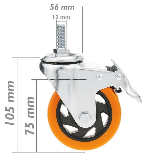 Lenkrollen Schwenkrollen Industriell Rad aus Polyurethan mit Bremse 75 mm M12 4-pack