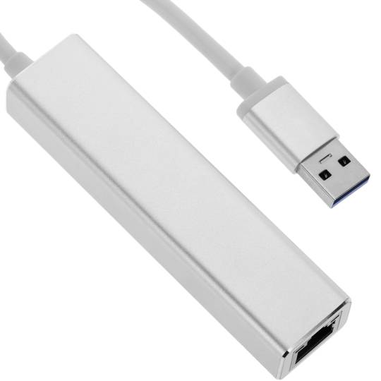Convertisseur USB 3.0 à 3xUSB 3.0 et Ethernet RJ45 de couleur argentée