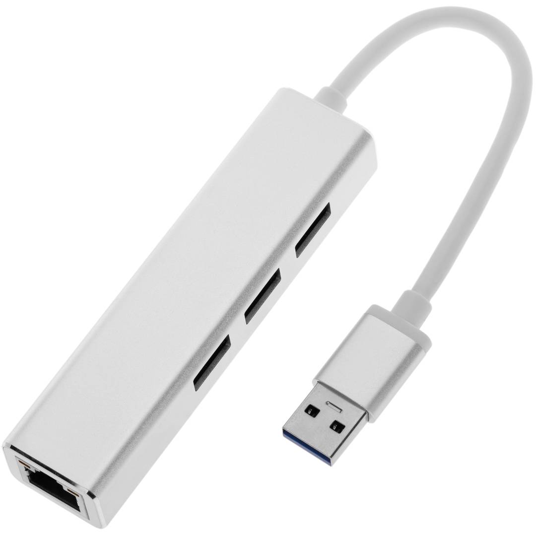 Convertisseur USB 3.0 à 3xUSB 3.0 et Ethernet RJ45 de couleur argentée