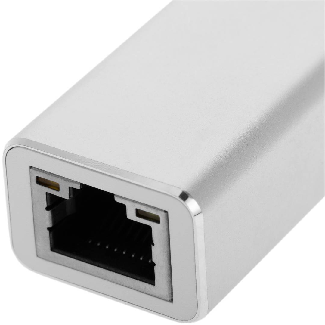 Convertisseur USB-C 3.0 vers 3xUSB 3.0 et Ethernet RJ45 de couleur argentée