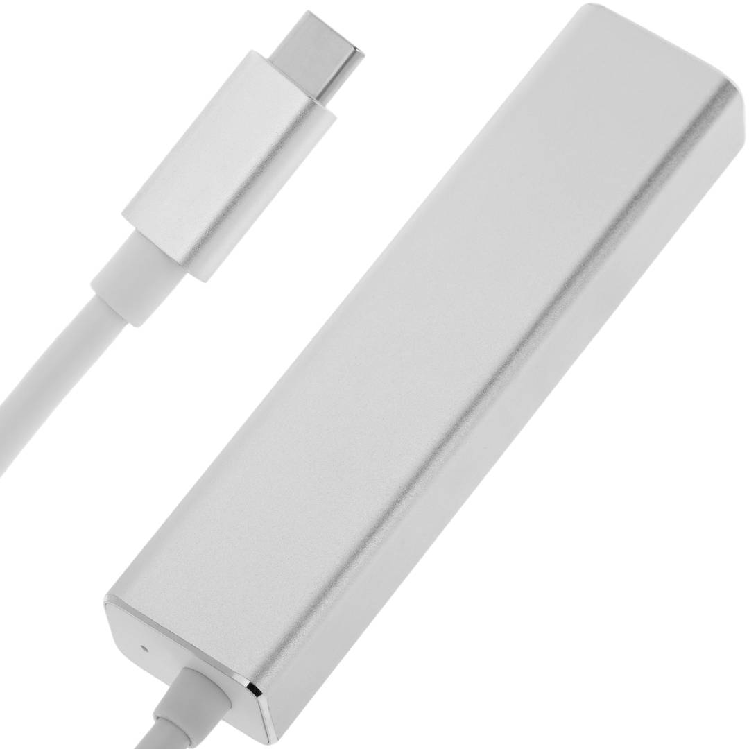 Convertisseur USB-C 3.0 vers 3xUSB 3.0 et Ethernet RJ45 de couleur argentée